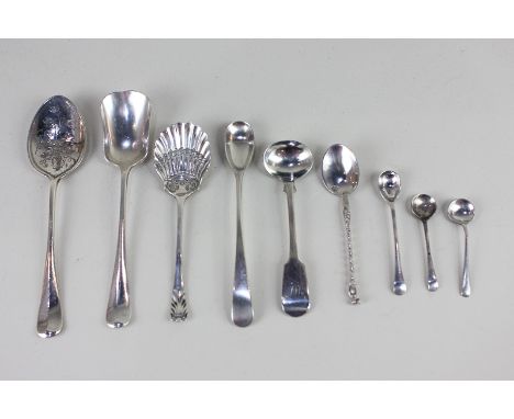 A George III silver Old English pattern mustard spoon, maker's mark worn, London 1800,  Victorian silver fiddle pattern condi