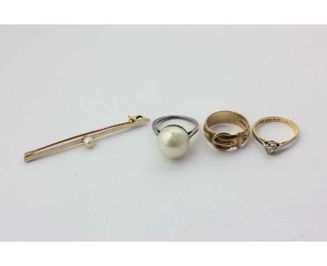 An old cut diamond single stone ring in 18ct gold, a 9ct gold buckle ring, an imitation pearl ring, and a pearl bar brooch