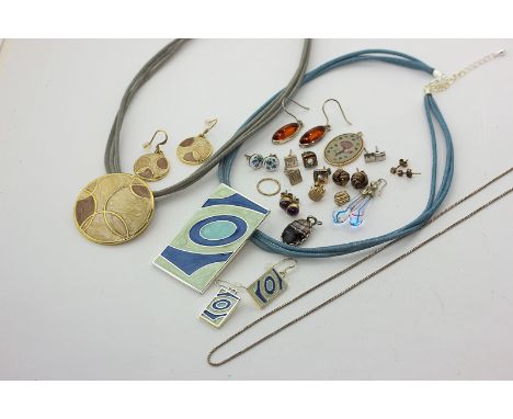 A 9ct gold and enamel pendant, two gilt necklaces, and various small items