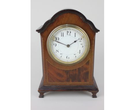 An inlaid mahogany mantel clock with white enamel dial, Arabic numerals, movement stamped Buren, in domed case, on bracket fe