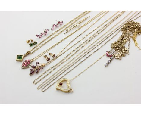 A collection of 9ct gold and silver gilt neck chains and pendants, three pairs of gem set ear studs, a pearl bar brooch, and 