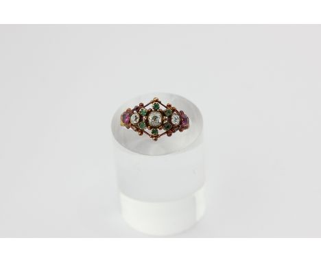 A 19th century old cut diamond, ruby and emerald ring