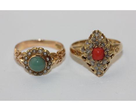 A coral and rose cut diamond ring, and a turquoise and split pearl cluster ring