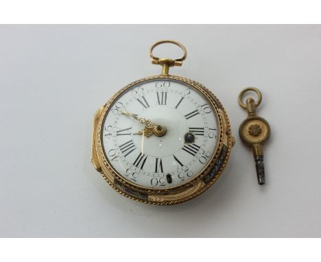 A French gold and enamel pocket watch, the fusee movement signed on the back plate Baillon, Paris, the case back painted with