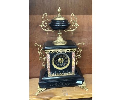 Marble/slate mantel clock with gilding measures approx 21 inches tall by 13.5 inches wide