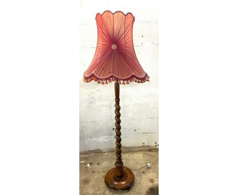 Oak barley twist lamp with red shade overall height 66 inches tall