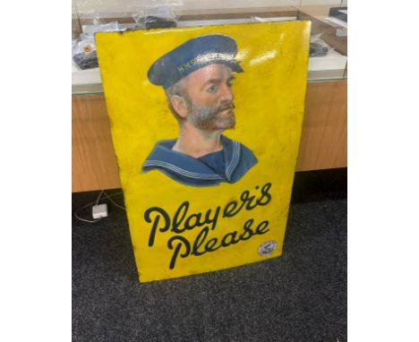 Vintage players enamel sign measures approx 35 inches tall by 23 inches wide