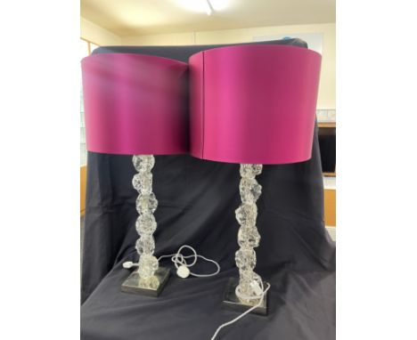 Pair of Clear Crystal  Porta Roma Rock Table Lamps with Silk Lamp Shades, Porta Roma Rock crystal lamps 