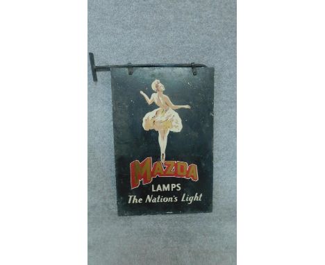 A vintage Mazda light bulb enamel sign, double sided with original hanging fixtures.  H.62cm W.41cm 