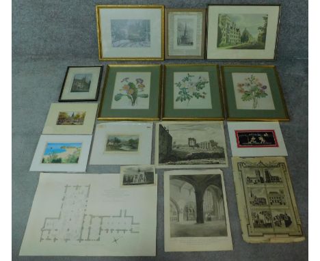 A large collection of prints; three depicting floral studies, one depicting cherubs collecting the grape harvest and various 