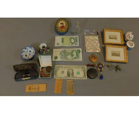 A collection of small items including, cased monocle and glasses, miniature water colours, enamel and ceramic trinket boxes, 