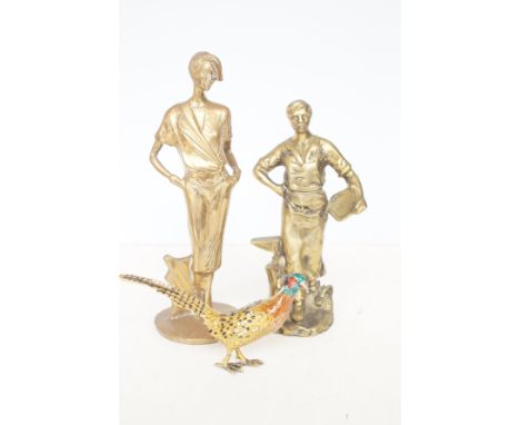 2x Very heavy brass figures together with pheasant trinket box 