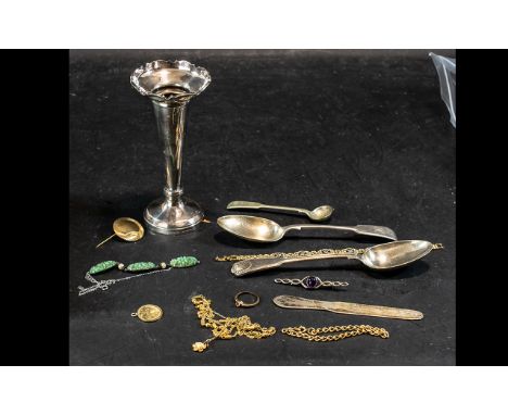 Small Collection of Items, Includes a Silver Hallmarked Vase, Rotary Gold Tone Bracelet, Silver and Jade Tone Necklace, Gold 