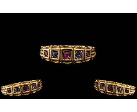 Edwardian Period 1902 - 1910 Excellent Ladies 15ct Gold - 5 Stone Ruby and Sapphire Set Ring. Superb Design and Setting. Full