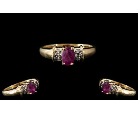 Ladies - Attractive 14ct Gold Ruby and Diamond Set Dress Ring. Marked 14ct to Interior of Shank. Ruby and Diamond of Good Col