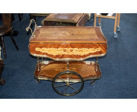 Antique Italian Marquetry Inlaid Drinks Trolley/Cocktail Bar with lift up sides, bottom shelf with bottle holders, on wheels.