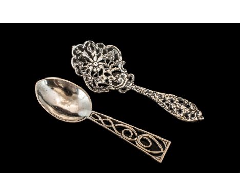 Silver Celtic Design Dessert Spoon and Very Ornate Antique Decorative Spoon. Both Spoons Very Nice Quality One with The Celti
