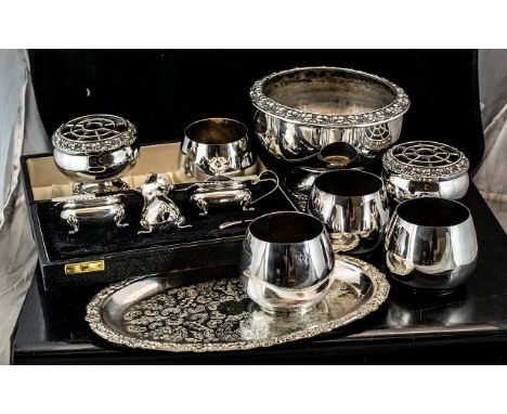 Collection of Silver Plated Items, including a 9'' Oval Tray, a 6'' diameter footed bowl, two small rose bowls 3'' diameter, 