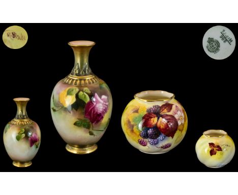 Royal Worcester Small Hand Painted Fruits Vases - Signed Kitty Blake, Fallen Fruits / Leaves Stillife. Date 1939 &amp; Shape 