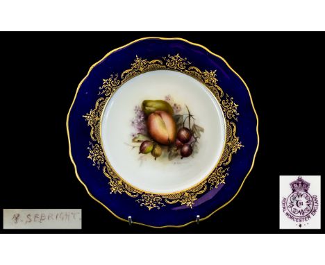 Royal Worcester - Signed Hand Painted Cabinet Plate by Richard Sebright ' Fruits ' Stillife - Plums and Grapes. Date 1918. Th
