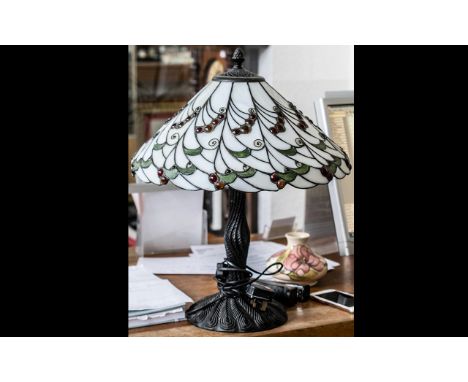 Tiffany Style Decorative Table Lamp, with white shade decorated with glass balls and green glass, twin bulb, raised on a patt