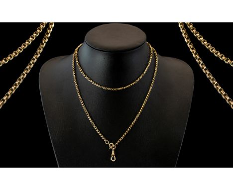 Edwardian Period Good Quality 9ct Gold Long Chain, Marked for 9ct. All Aspects of Condition Excellent. 35 Inches - 87.5 cms I