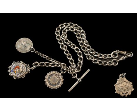 Antique Period Sterling Silver Albert Chain with Attached Pair of Silver Medals, T-Bar and South African Silver One Shilling 
