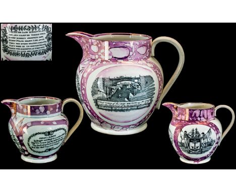 Sunderland Lustre - 19th Century Fine Trio of Large Jugs. Comprises 1/ A West View of the Iron Bridge, Over the Wear, Under t