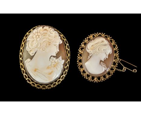Ladies 9ct Gold - Attractive / And Well Carved Oval Shell Cameo, Depicting The Portrait Bust of a Young Woman, Mounted Within