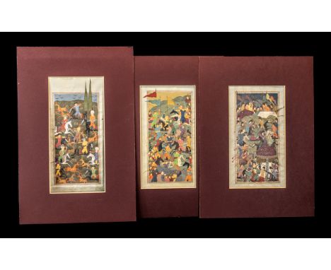 Three Indian Watercolour Pages from Manuscript on Parchment, depicting battle scenes, 7.5" x 4", in mounts.