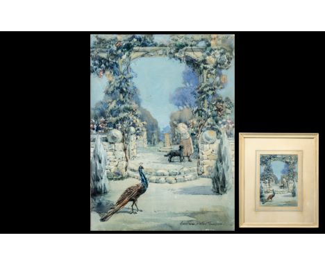 Watercolour by Constance Dutton Thompson 1882-1964), depicting The Gardens at Plas Coch (North Wales).  Image size 14'' x 10'