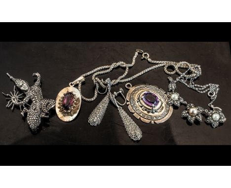 Small Mixed Lot of Jewellery, to include a Marcasite Tibetan style brooch, pair of Marcasite drop earrings, Marcasite flower 