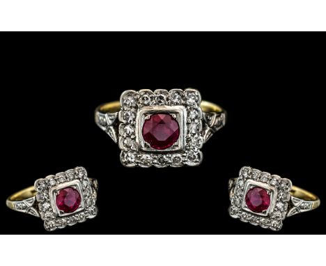 Art Deco Period 18ct Gold and Platinum Ruby and Diamond Set Ring, Marked to Interior of Shank. The Ruby Surrounded of Good Co