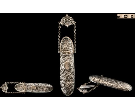 Victorian Period 1837 - 1901 Ladies Hammered Chantelaine - Sterling Silver Spectacles Repousse Decorated Case with Ornate Cas