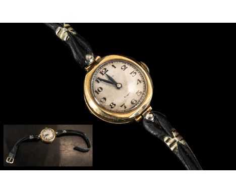 Lladro 1920's 9ct Gold Mechanical Wind Wrist Watch, With Attached Black Shoestring, Leather Watch Strap. Full Hallmark for 9c