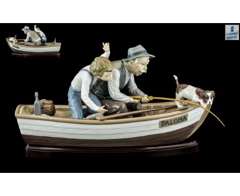 Lladro - Superb Large and Impressive Hand Painted Porcelain Figure ' Fishing With Gramps ' with Wooden Display Stand. Model N