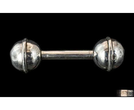 Vintage Solid Silver Barbell Shaped Rattle. c.1930's. Maker R &amp; B Co. Hallmarked for Sterling Silver. No Names of Initial