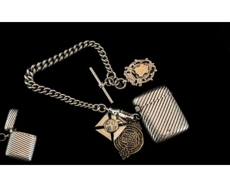 Edwardian - Sterling Silver Hinged Vesta Case with Attached Sterling Silver Albert Chain. All Links Stamped for Silver, Attac