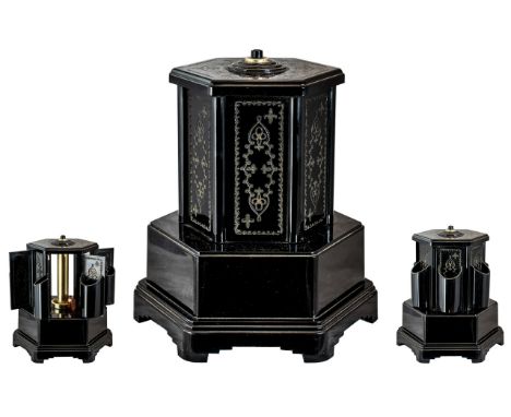 Art Deco Period Key-wind 1930's Black Bakelite Musical Cigarette Dispenser, Movement by Reuge, Push Button to Top Which Opens