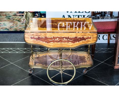 Antique Italian Marquetry Inlaid Drinks Trolley/Cocktail Bar with lift up sides, bottom shelf with bottle holders, on wheels.