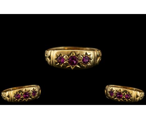 18ct Gold - Attractive and Exquisite 3 Stone Ruby Pave Set Ring. The Natural Rubies of a Pink - Red Colour, Very Strong - Out