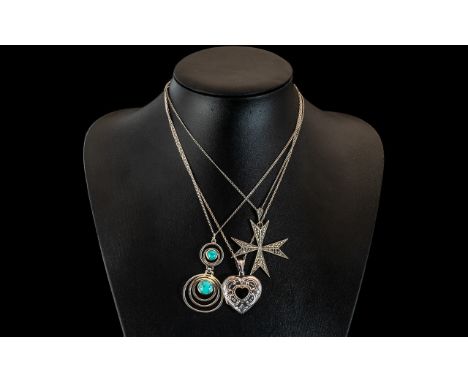 Collection of Three Quality Silver Pendants &amp; Chains, comprising a Marcasite and Silver Maltese Cross, marked Sterling, m