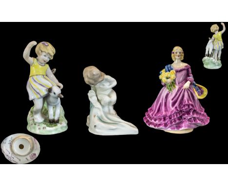 Royal Worcester - Fine Trio of Small Hand Painted Figures. Comprises 1/ Months of the Year ' April ' Modeller Freda Doughty. 