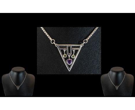 Art Deco Amethyst and Peridot Necklace Set In Silver. Very Sweet Silver Pendant Set with Peridot and Amethyst Suspended on a 