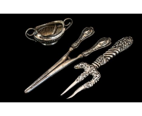 Collection of Antique Solid Silver Items. Includes Victorian 1900 Solid Silver Serving Fork, Hallmarked for Birmingham 1900, 