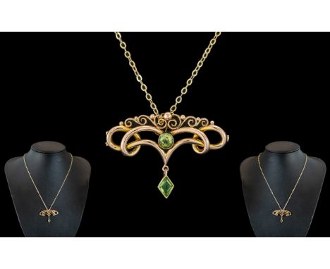Edwardian Period 1901 - 1910 Well Designed and Exquisite 9ct Gold Peridot Set Pendant Drop. With Attached Later 9ct Gold Chai