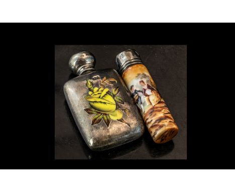 A Silver Scent Bottle, the front with enamelled floral decoration, looks to be hallmarked for Birmingham 1891.  Screw top, sm