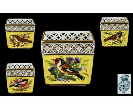 Royal Worcester - Excellent Quality Hand Painted Small Bowl / Basket of Square Form with Reticulated Borders, Each Side with 