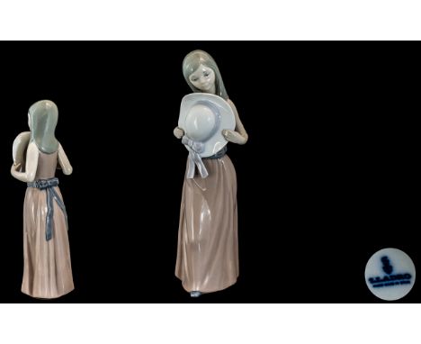 Lladro Hand Painted Porcelain Figure ' Bashful ' Young Girl with Large Hat. Model No 5007. Issued 1978 - Retired. Sculpture F