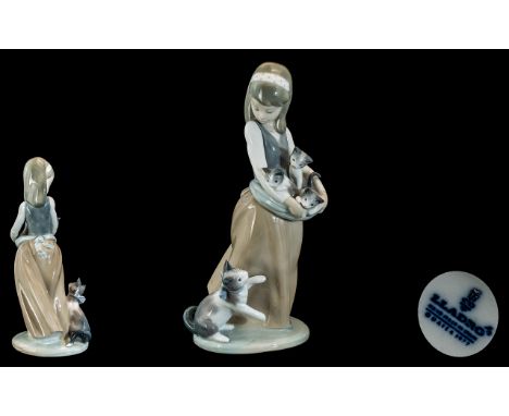 Lladro - Hand Painted Porcelain Figure ' Following Her Cats ' Kittens. Model No 1309. Issued 1974 - Retired. Height 9.5 Inche